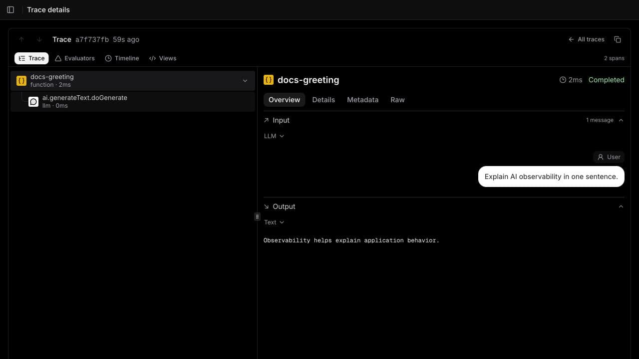 Trace inspector showing the docs-greeting function, its nested model call, and the recorded prompt and response.